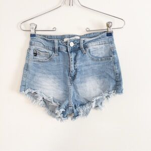 KanCan High Rise Fray Hem Distressed Light Wash Shortie Denim Jean Shorts 5 / 26